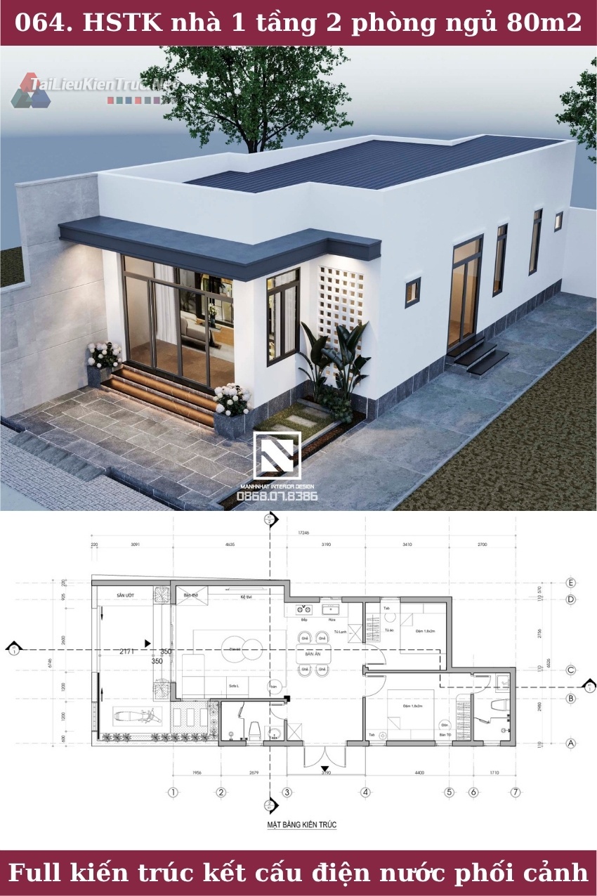 064. HSTK nhà 1 tầng 2 phòng ngủ 80m2 full kiến trúc kết cấu điện nước phối cảnh 3ds max