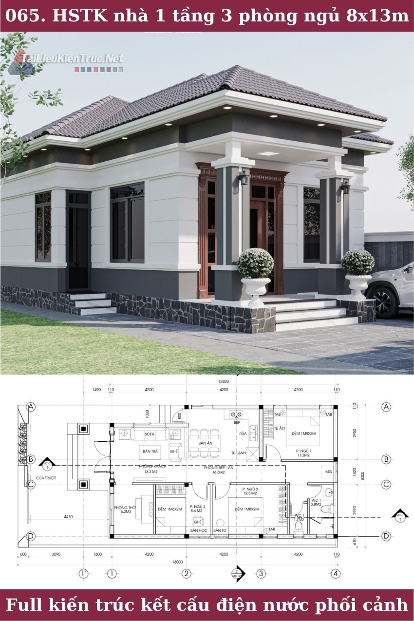 065. Hồ sơ thiết kế nhà 1 tầng mái nhật 3 phòng ngủ 8x13m full kiến trúc kết cấu điện nước phối cảnh 3ds max