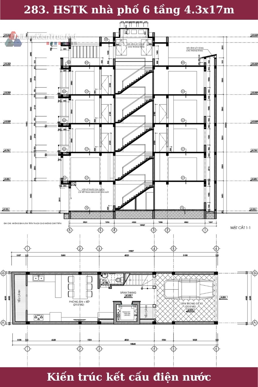 283. Hồ sơ thiết kế nhà phố 6 tầng 4.3x17m full kiến trúc kết cấu điện nước