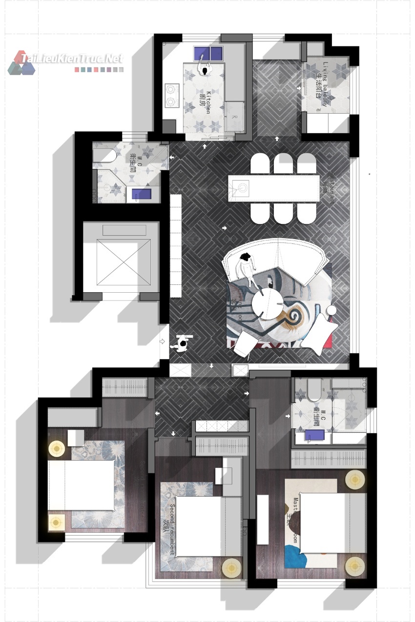 9. Mặt bằng căn hộ 3 phòng ngủ 110m2 file Cad + Psd