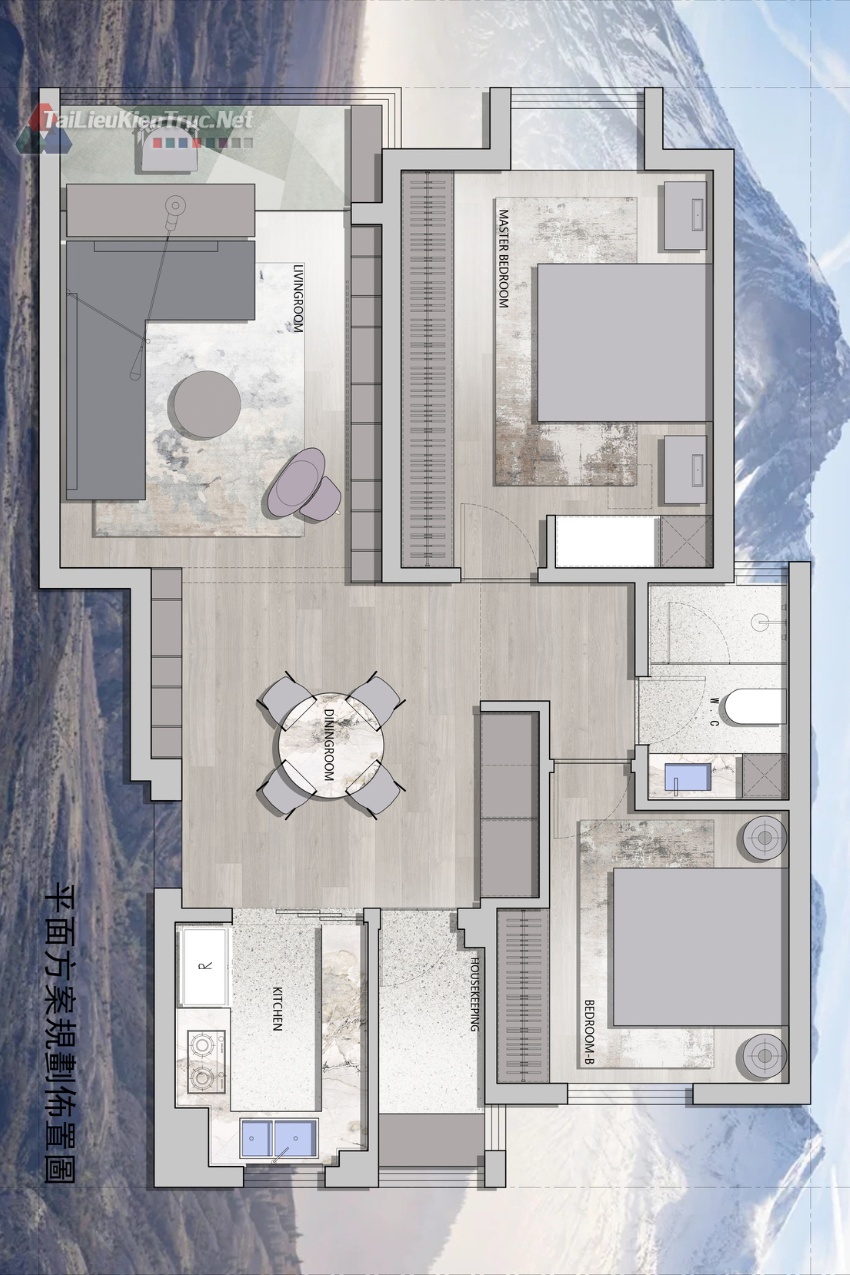 File Photoshop mặt bằng căn hộ 2 phòng ngủ file autocad và psd 001