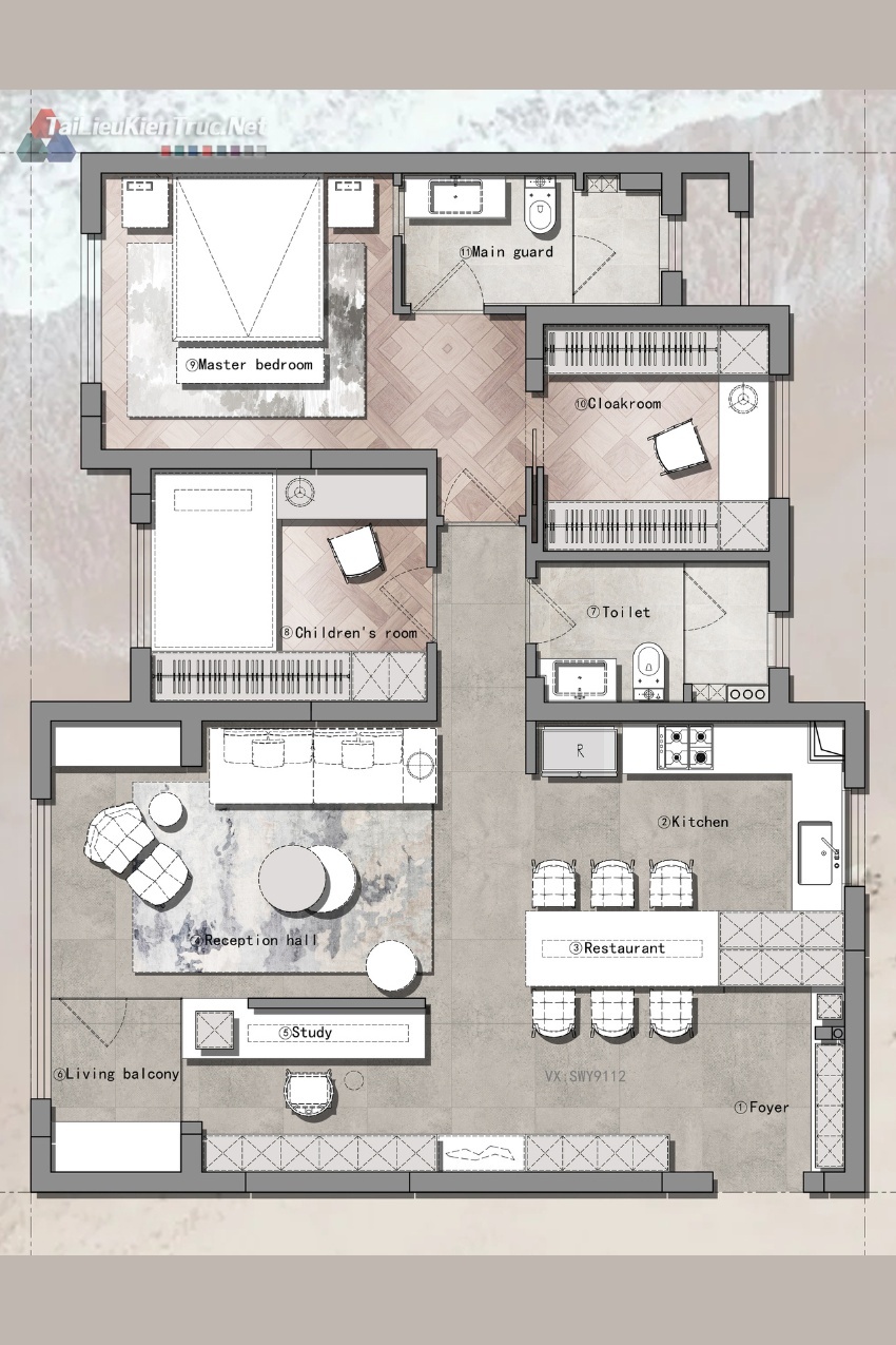 Mặt bằng căn hộ 2 phòng ngủ 100m2 Cad+ Psd 004