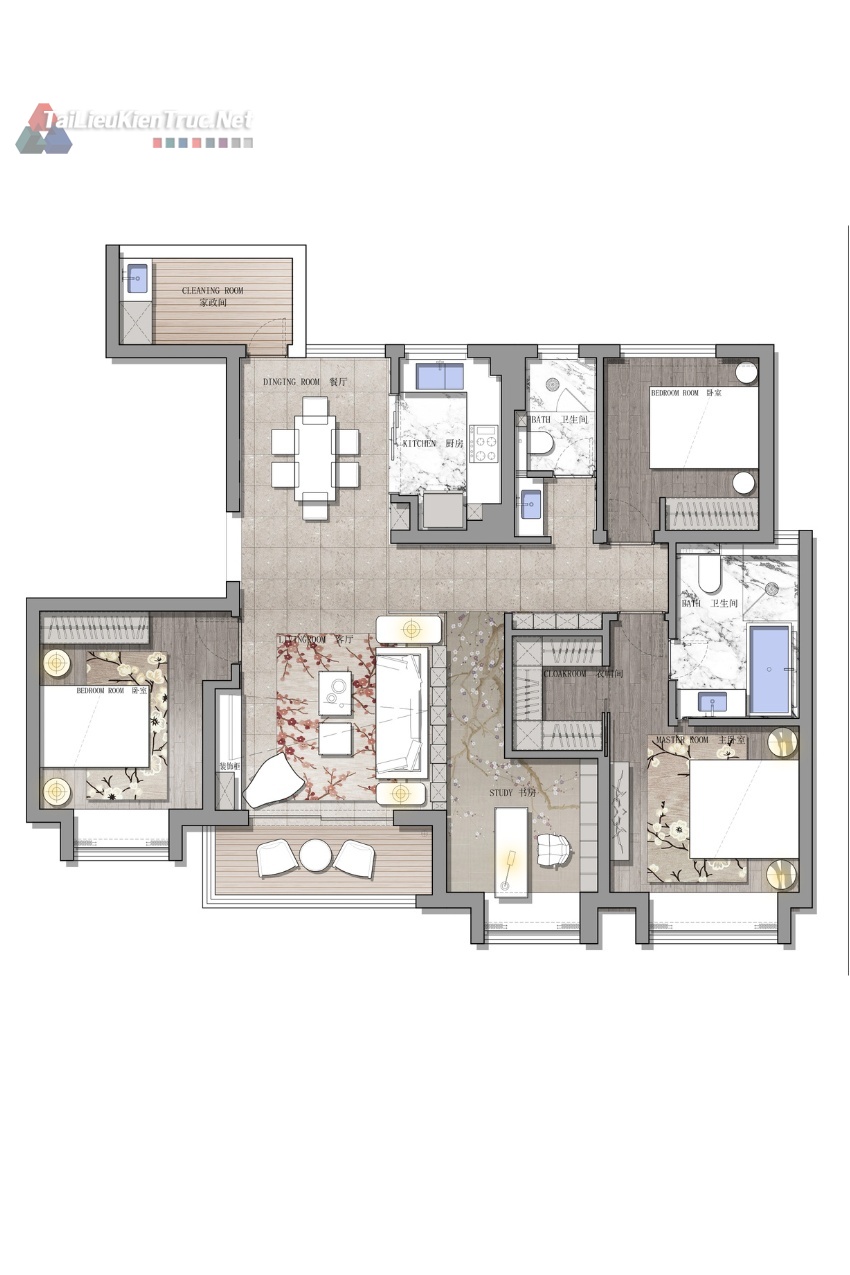 11. Mặt bằng căn hộ 3 phòng ngủ 110m2 file Cad + Psd