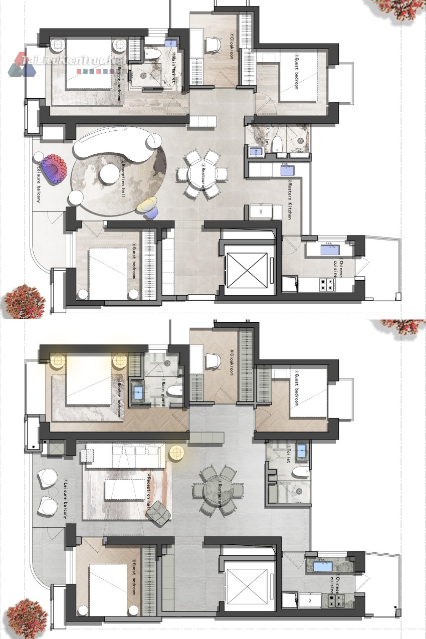13. Mặt bằng căn hộ 3 phòng ngủ 120m2 2 phương án file Cad + Psd