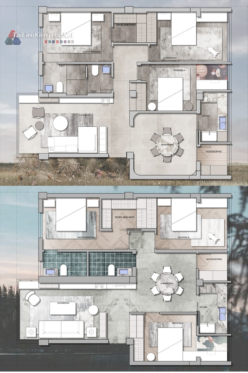 14. Mặt bằng căn hộ 3 phòng ngủ 120m2 2 phương án file Cad + Psd