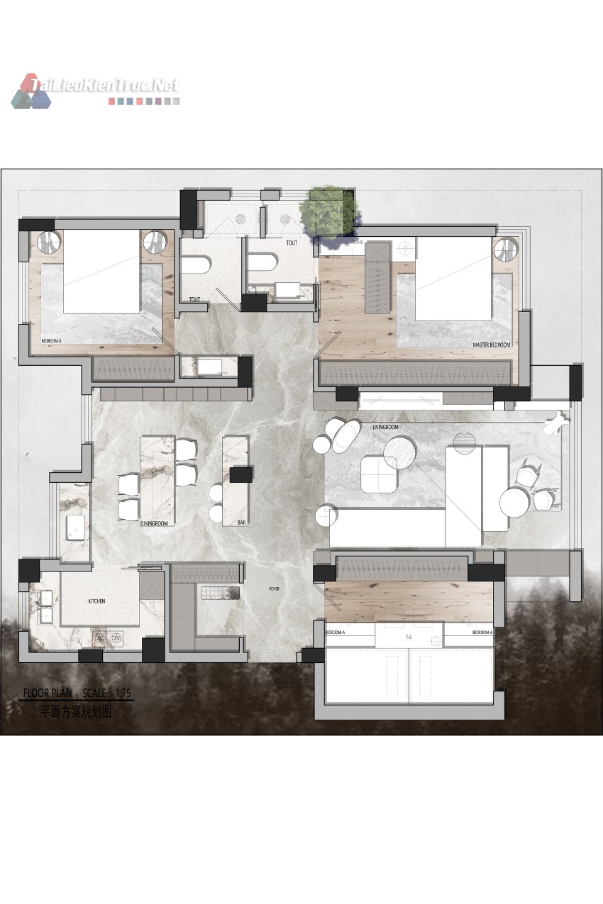 15. Mặt bằng căn hộ 2 phòng ngủ 120m2 file Cad + Psd