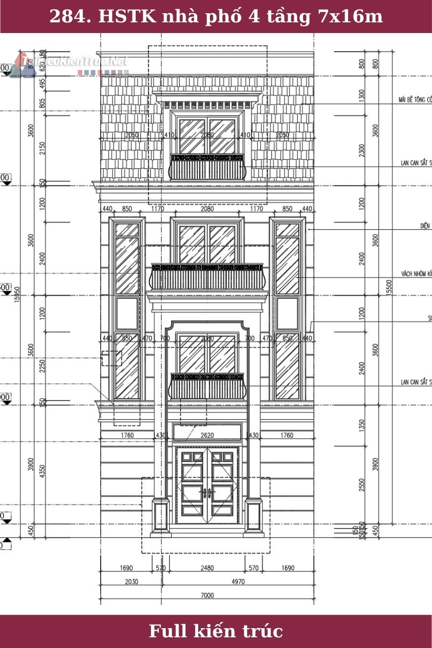 284. Hồ sơ thiết kế nhà phố 4 tầng 7x16m full kiến trúc
