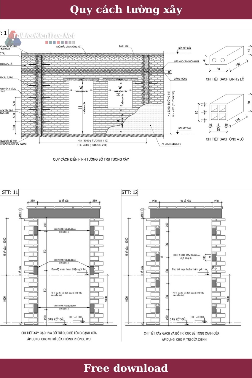 2. Bản vẽ Cad quy cách tường xây miễn phí