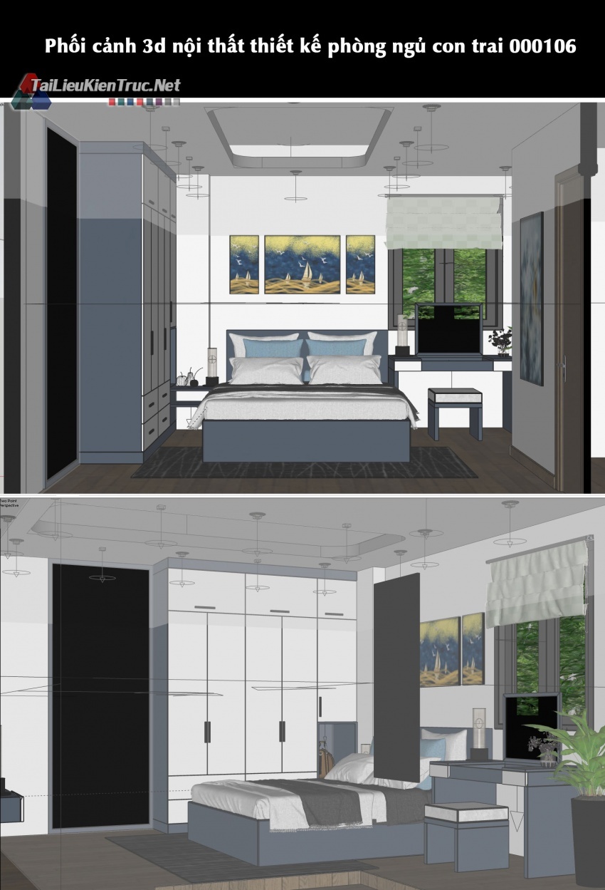 Phối cảnh 3d sketchup nội thất thiết kế phòng ngủ con trai 000106