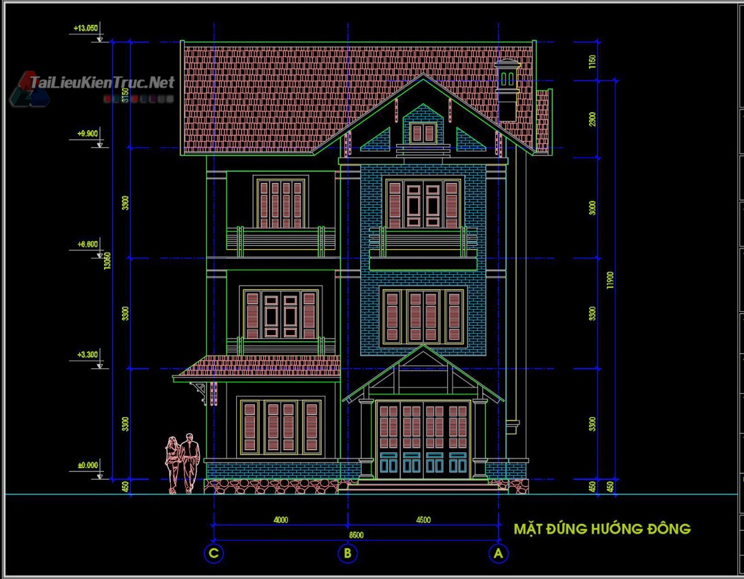 Hồ sơ thiết kế bản vẽ Biệt thự 3 Tầng diện tích 8.5x13.6m 0218 kiến trúc sơ bộ
