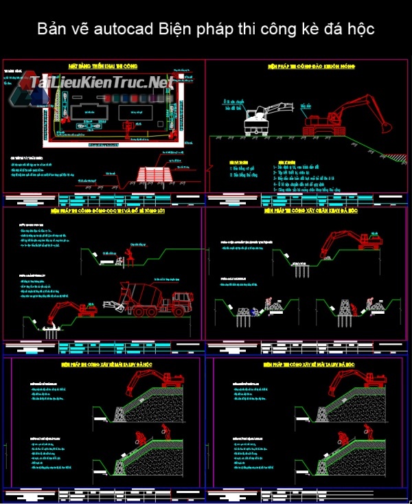 Bản vẽ autocad Biện pháp thi công kè đá hộc