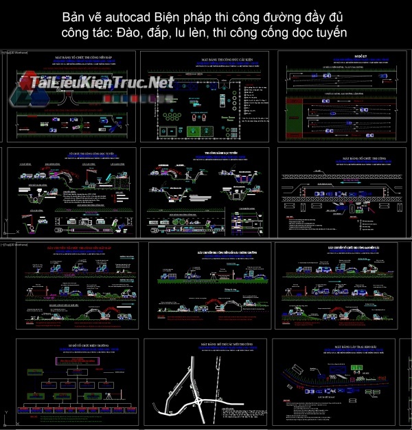 Bản vẽ autocad Biện pháp thi công đường đầy đủ công tác: Đào, đắp, lu lèn, thi công cống dọc tuyến