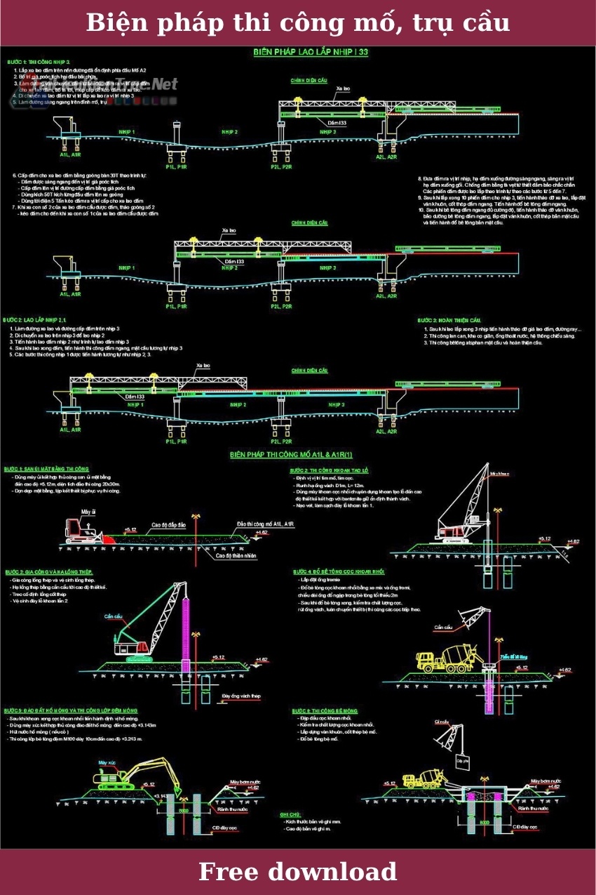 Bản vẽ autocad Biện pháp thi công mố, trụ cầu