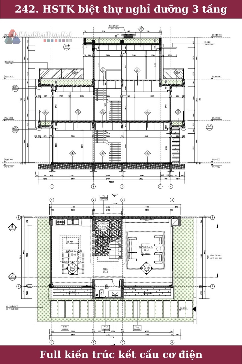 242. Hồ sơ thiết kế biệt thự nghỉ dưỡng 3 tầng 7.6x11.5m full kiến trúc kết cấu cơ điện
