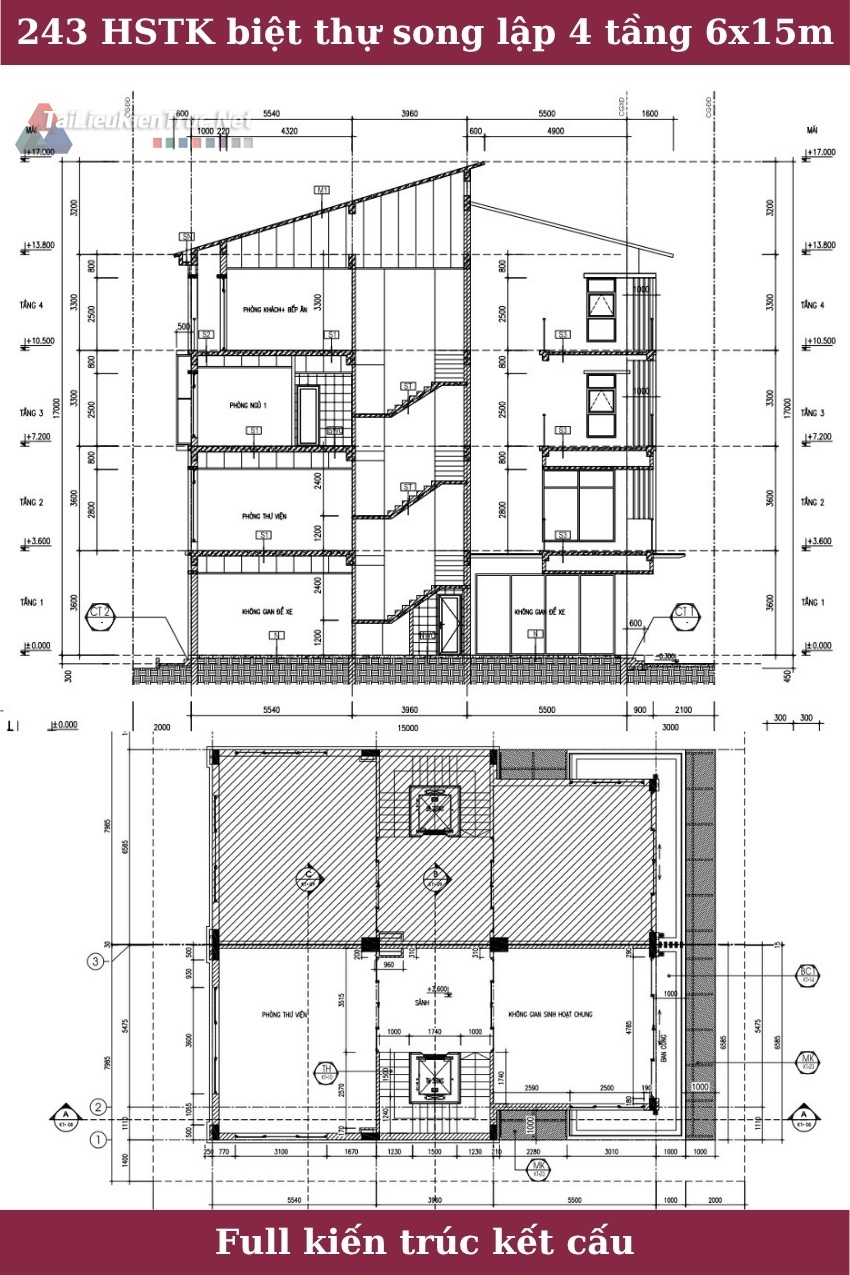 243. Hồ sơ thiết kế biệt thự song lập 4 tầng 6.5x15m full kiến trúc, kết cấu