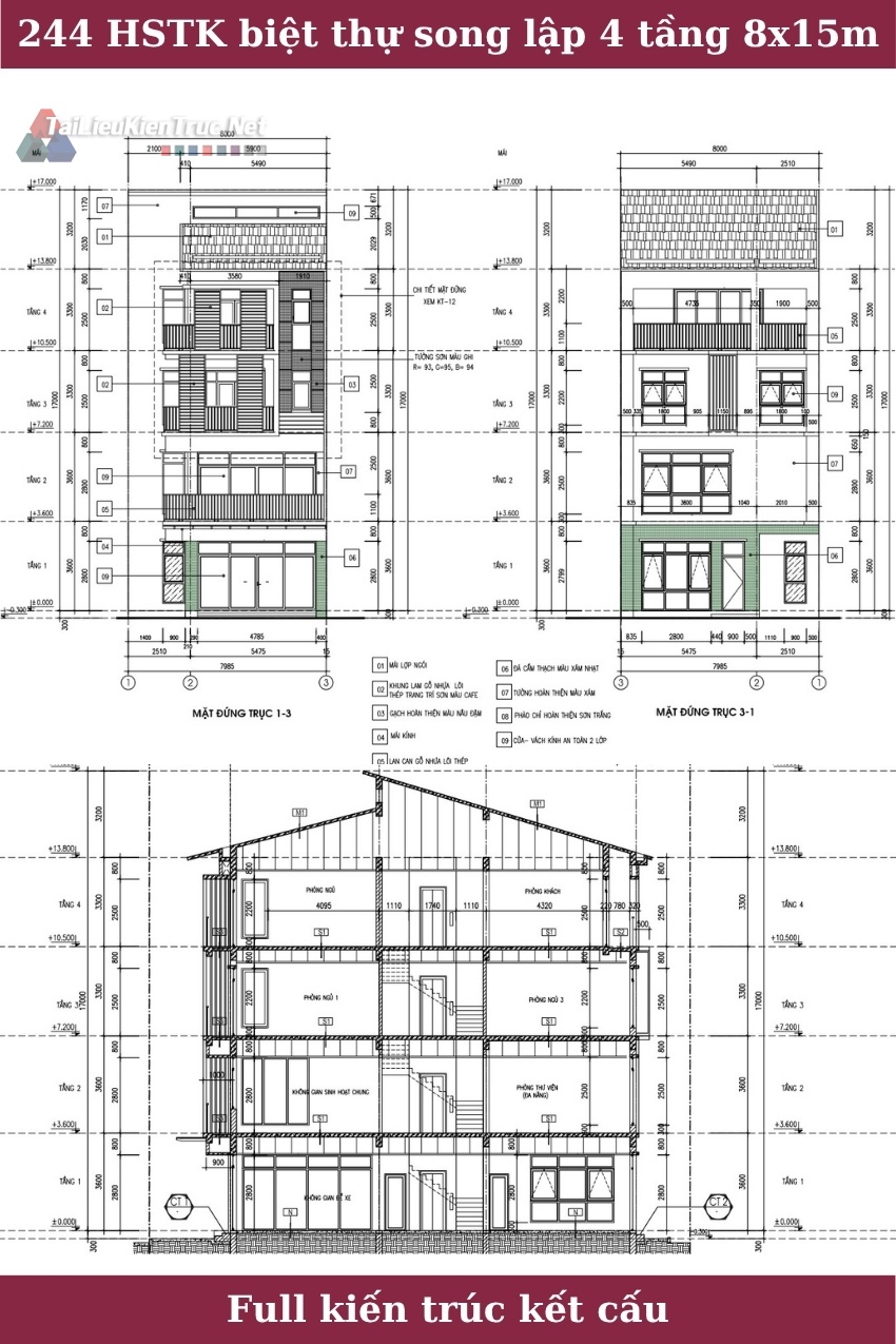 244. Hồ sơ thiết kế biệt thự song lập 4 tầng 8x15m full kiến trúc kết cấu