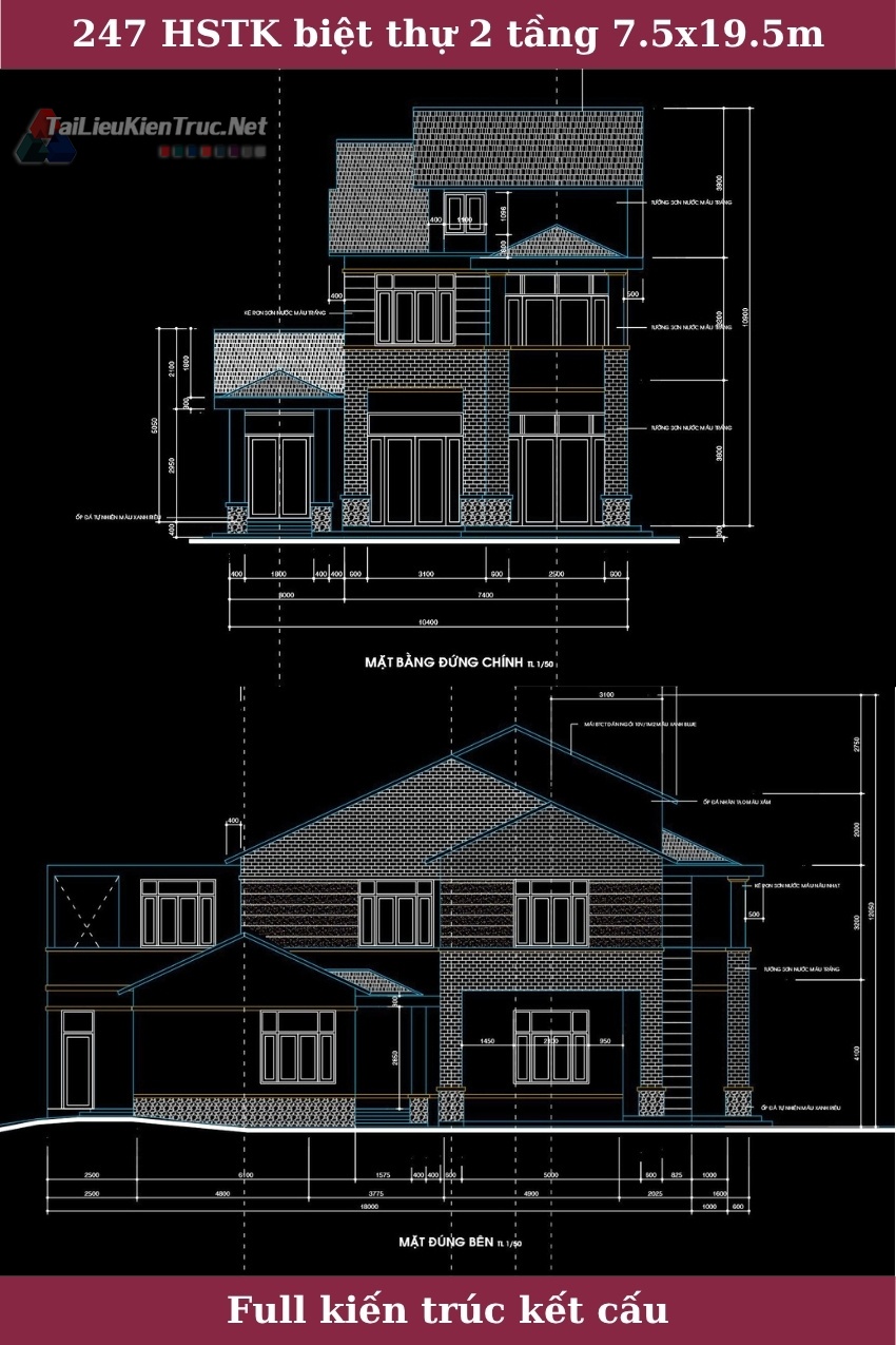 247 Hồ sơ thiết kế biệt thự 2 tầng 7.5x19.5m full kiến trúc kết cấu