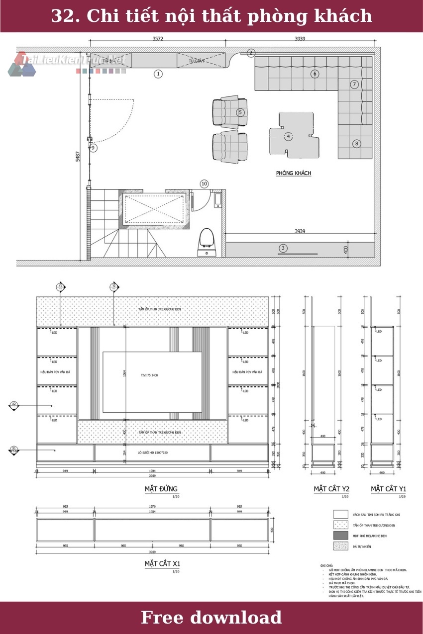 32. Bản vẽ chi tiết nội thất phòng khách miễn phí