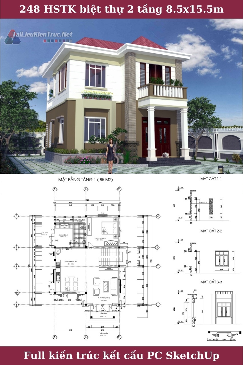 248 Hồ sơ thiết kế biệt thự 2 tầng 8.5x11.5m full kiến trúc, kết cấu (có file sketchup)