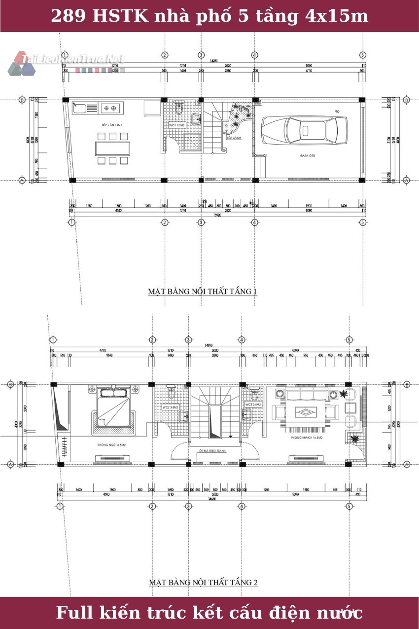289 Hồ sơ thiết kế nhà phố 5 tầng 4x15m full kiến trúc, kết cấu, điện nước