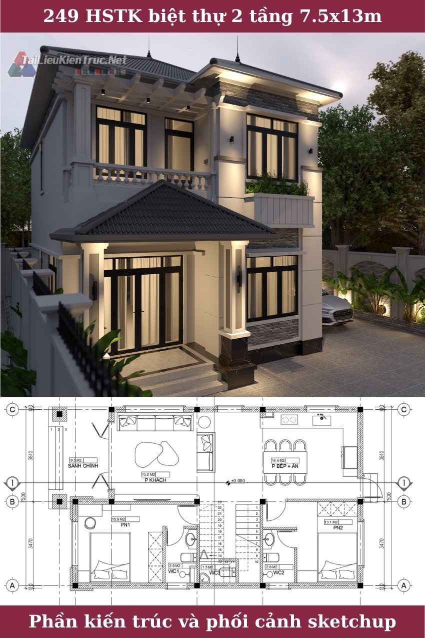 249 Hồ sơ thiết kế biệt thự mái nhật 2 tầng 7.5x13m full kiến trúc và phối cảnh sketchup