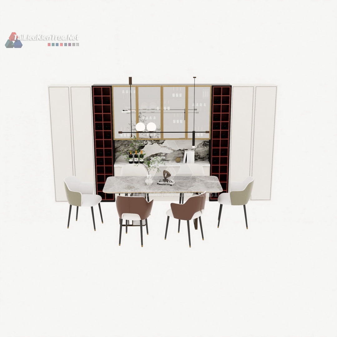 173 Mô Hình SketchUp Phòng Ăn Sang Trọng Với Tủ Rượu & Quầy Bar Mini