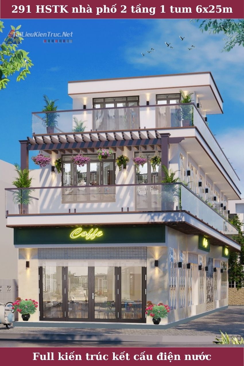 291 Hồ sơ thiết kế nhà phố 2 tầng 1 tum 6x25m full kiến trúc kết cấu điện nước