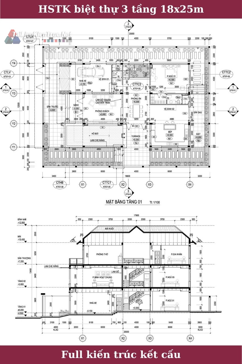 Hồ sơ thiết kế thi công biệt thự đẹp kích thước 18x25m 0182 full kiến trúc, kết cấu 