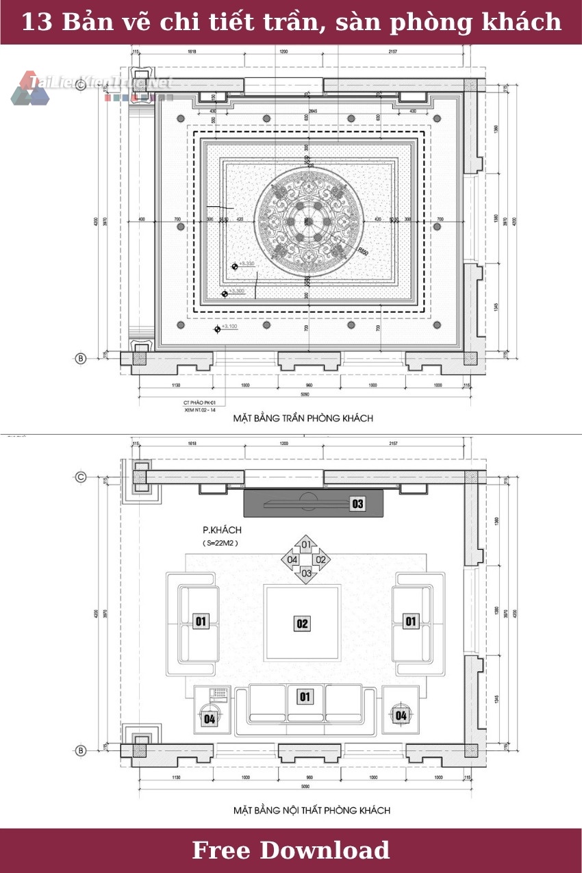 13. Bản vẽ chi tiết trần sàn phòng khách tân cổ điển