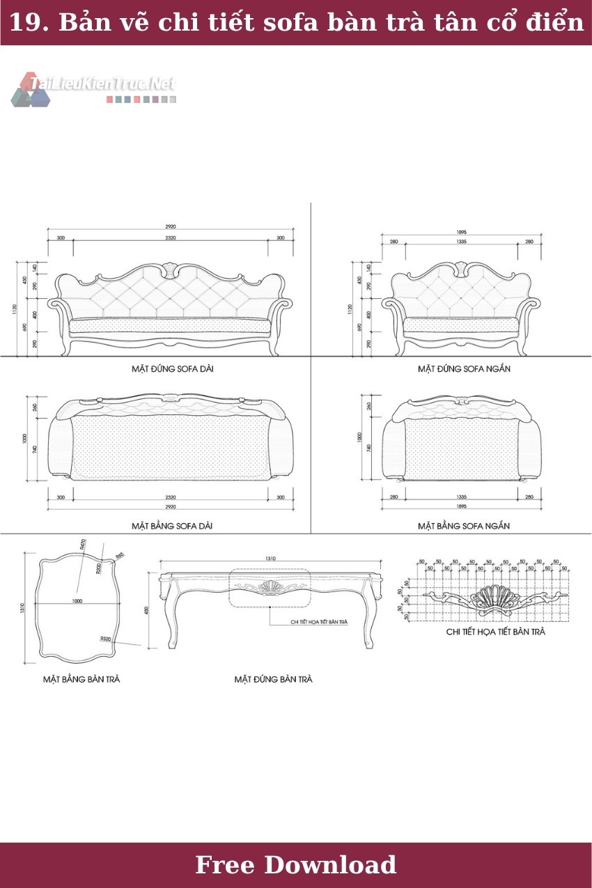 19. Bản vẽ chi tiết sofa bàn trà cổ điển miễn phí