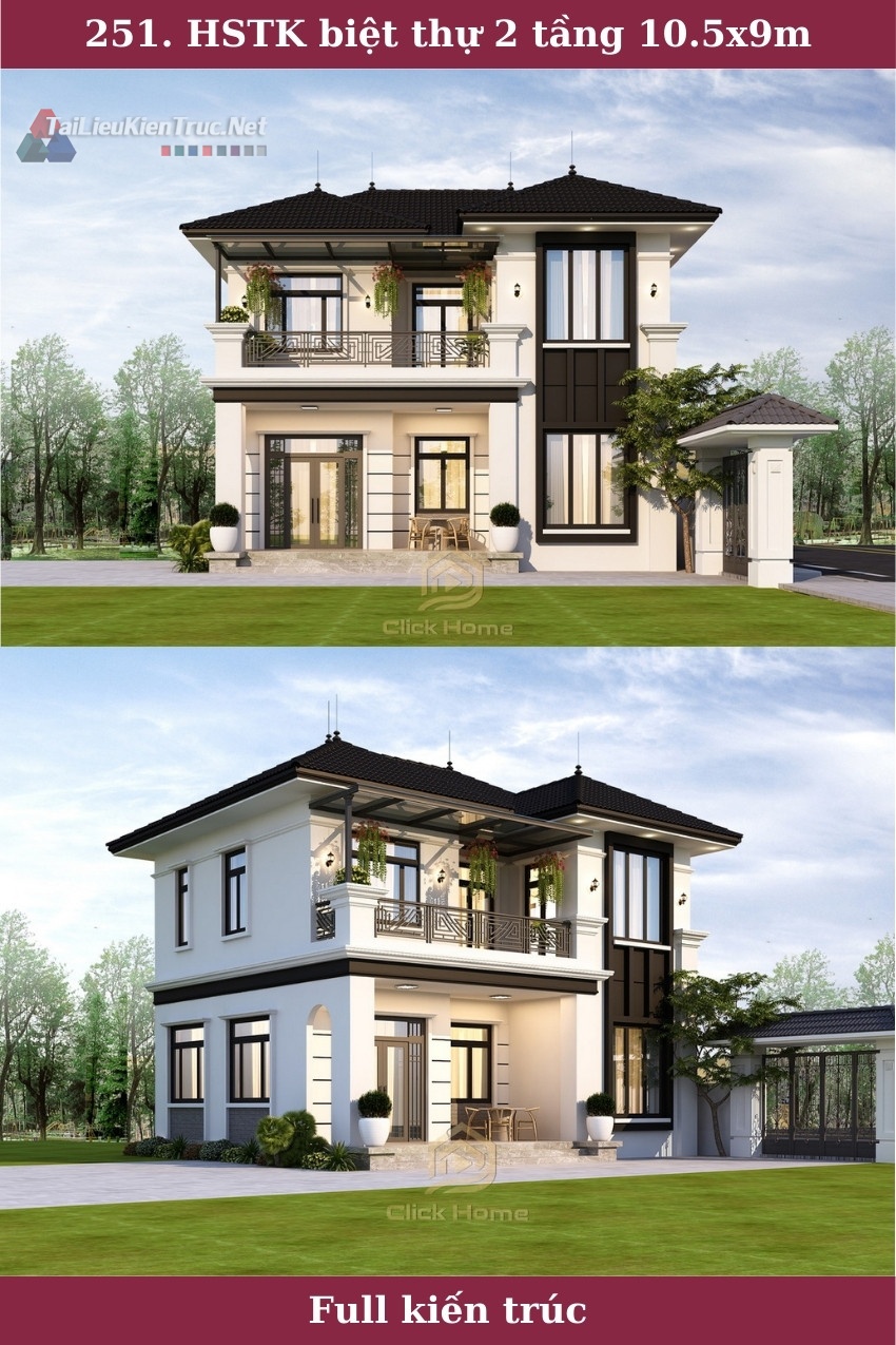 251. Hồ sơ thiết kế biệt thự 2 tầng 10,5 x 9m full kiến trúc