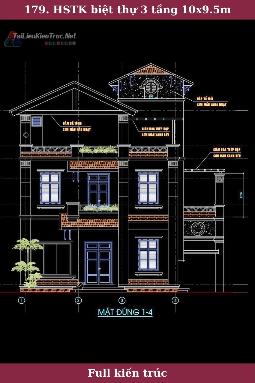 Hồ sơ thiết kế thi công biệt thự 3 tầng kích thước 10x9.5m 0179 full kiến trúc