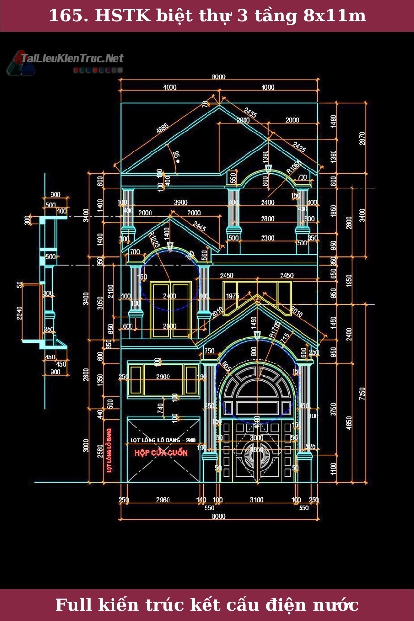 Hồ sơ thiết kế thi công biệt thự 2 tầng 1 lửng kích thước 8x11m 0165 full kiến trúc, kết cấu, điện nước