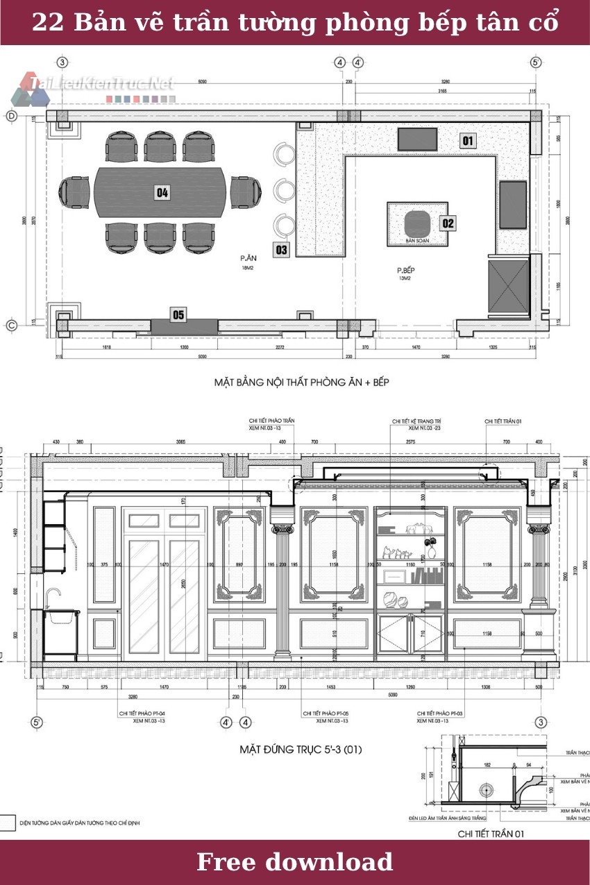 22. Bản vẽ trần tường sàn phòng bếp tân cổ điển miễn phí