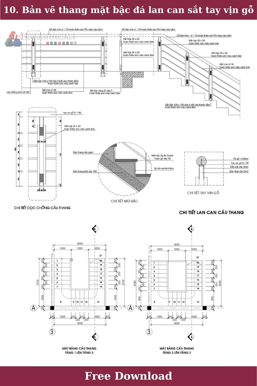 10. Bản vẽ chi tiết thang mặt bậc đá lan can sắt tay vịn gỗ