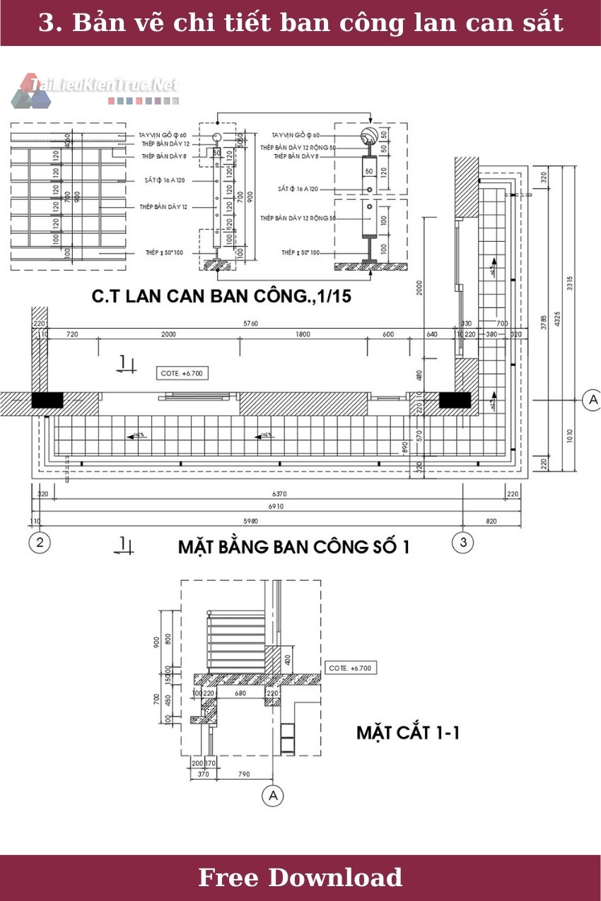 3. Bản vẽ chi tiết ban công lan can sắt miễn phí