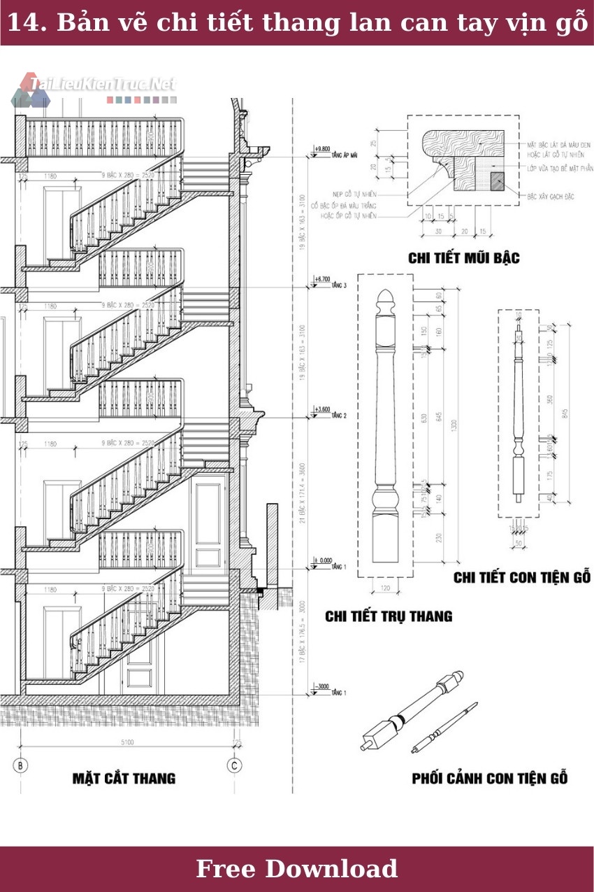 14. Bản vẽ chi tiết thang mặt bậc đá lan can con tiện gỗ tự nhiên