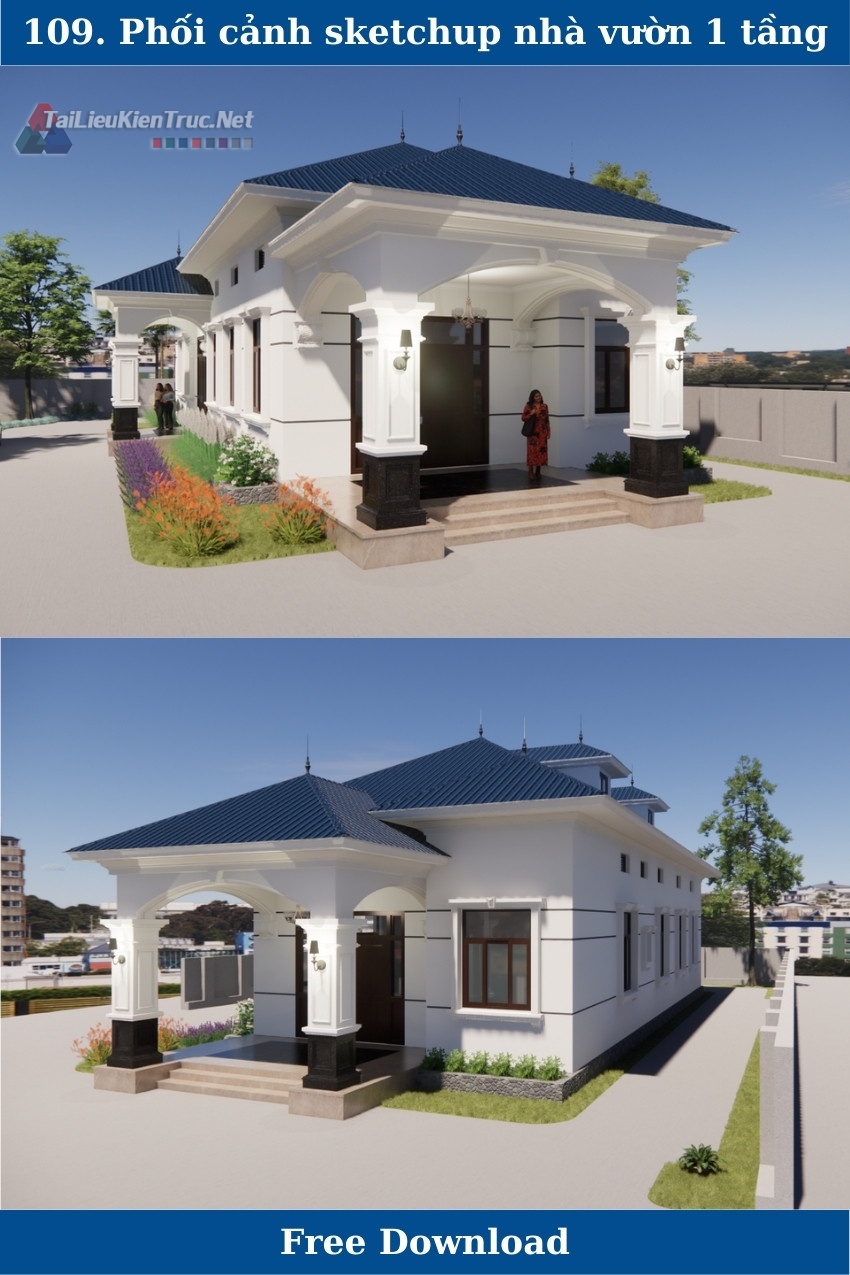 109. Phối cảnh sketchup nhà vườn 1 tầng mái nhật tân cổ điển miễn phí