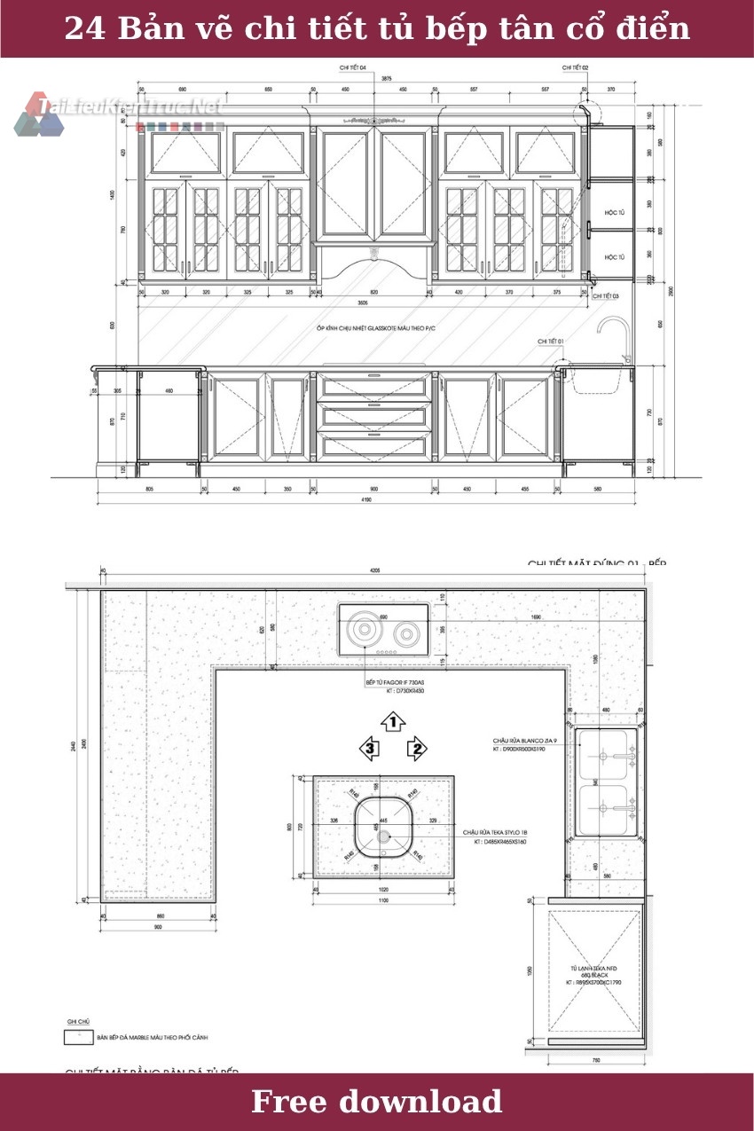 24. Bản vẽ chi tiết tủ bếp tân cổ điển tải miễn phí