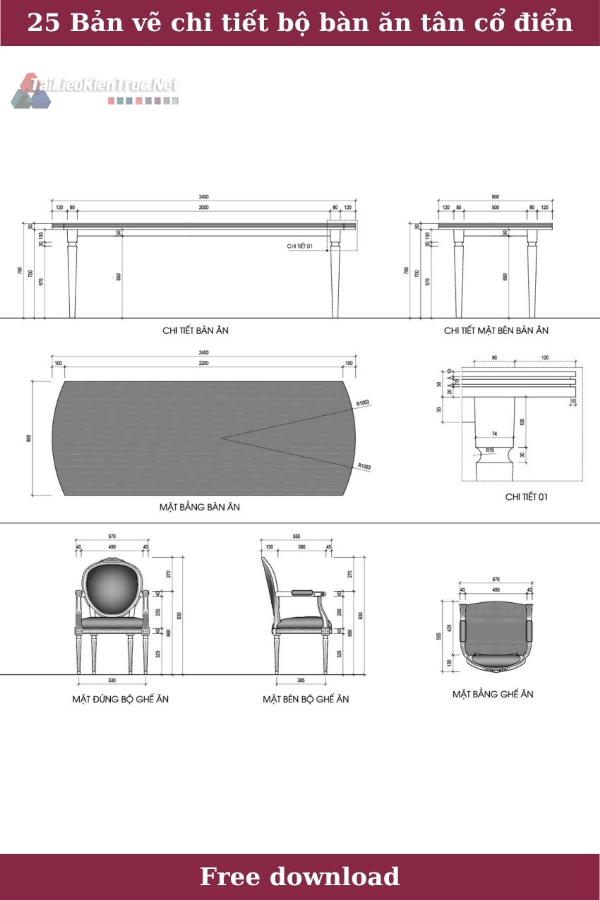 25. Bản vẽ chi tiết bộ bàn ăn tân cổ điển miễn phí tải về