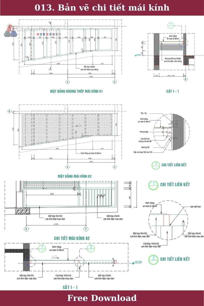 013. Bản vẽ chi tiết mái kính sân thượng tải miễn phí
