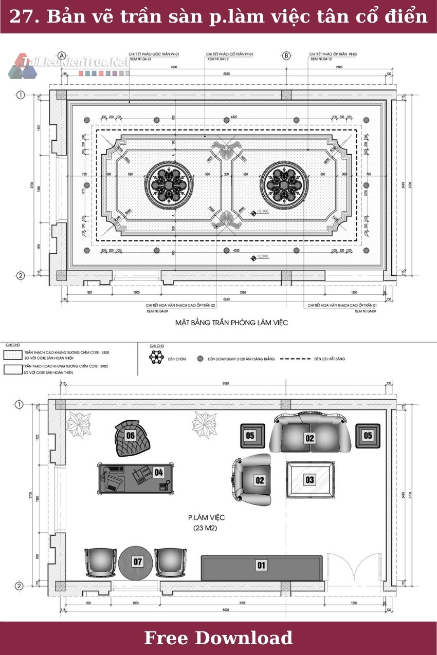 27. Bản vẽ trần sàn phòng làm việc phong cách tân cổ điển miễn phí