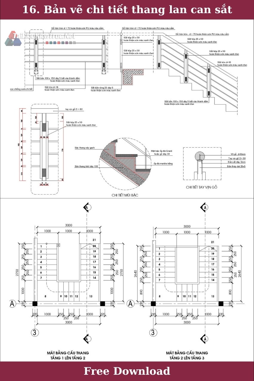 16. Bản vẽ chi tiết thang lan can sắt tay vịn gỗ miễn phí