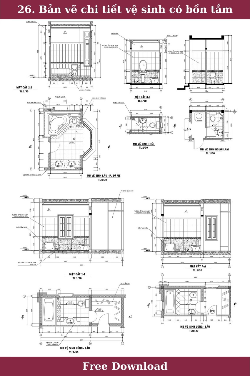 26. Bản vẽ chi tiết vệ sinh có bồn tắm