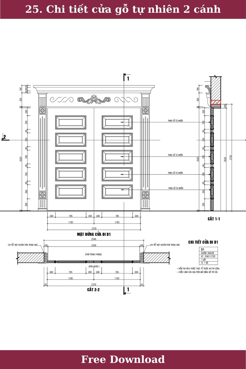 25. Chi tiết cửa đi gỗ tự nhiên 2 cánh tân cổ điển