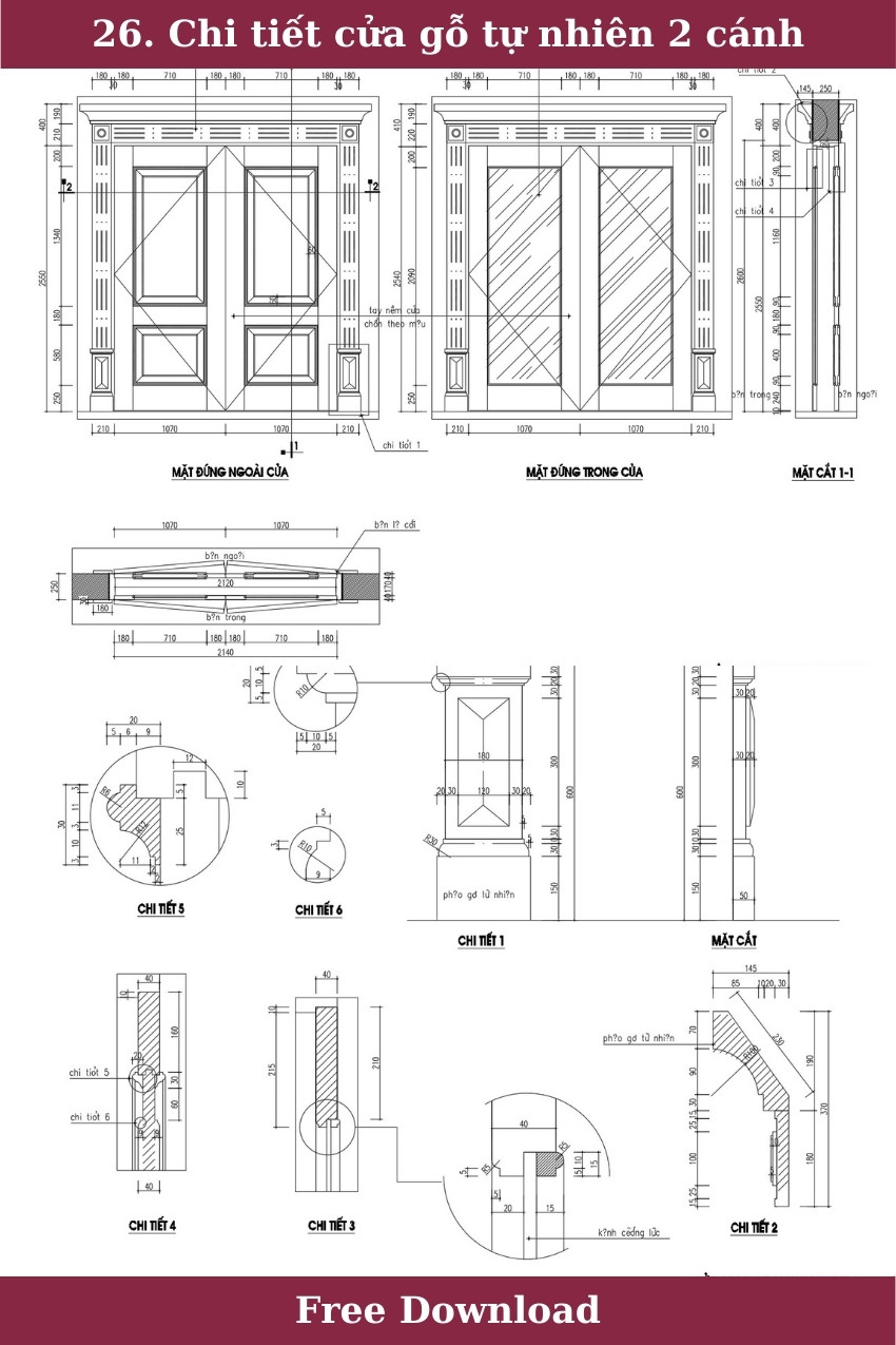 26. Bản vẽ chi tiết cửa chính 2 cánh gỗ kính
