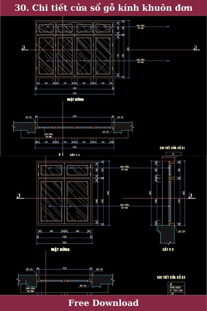 30. Chi tiết cửa sổ gỗ kính khuôn đơn