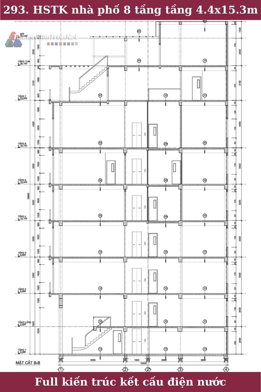 293. Hồ sơ thiết kế nhà phố 8 tầng full kiến trúc kết cấu điện nước pccc