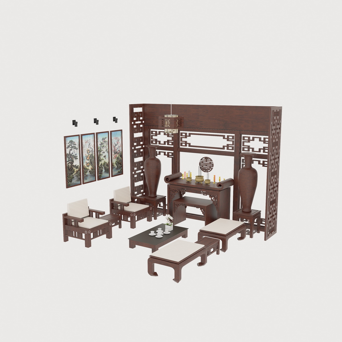 039. Model nội thất phòng thờ gồm bàn thờ bàn ghế tranh