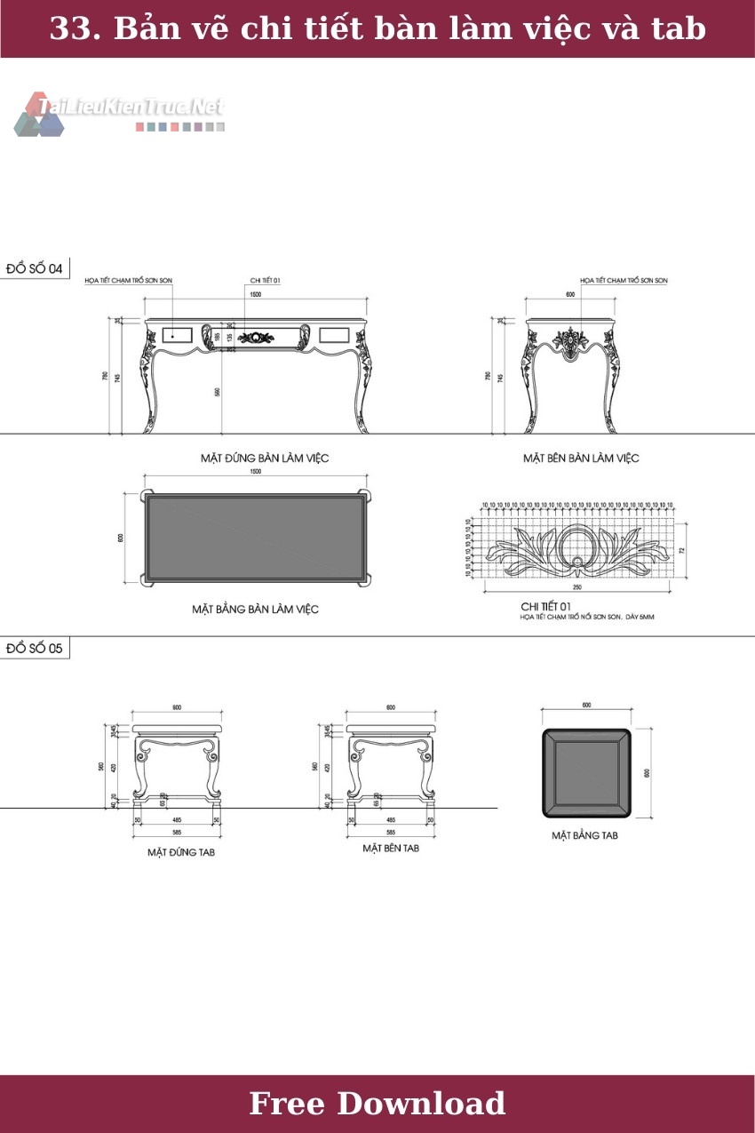 33. Bản vẽ chi tiết bàn làm việc và tab tân cổ điển